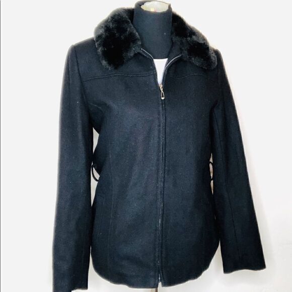 GIACCA Black Wool Coat with Faux Fur Trim - Picture 1 of 15
